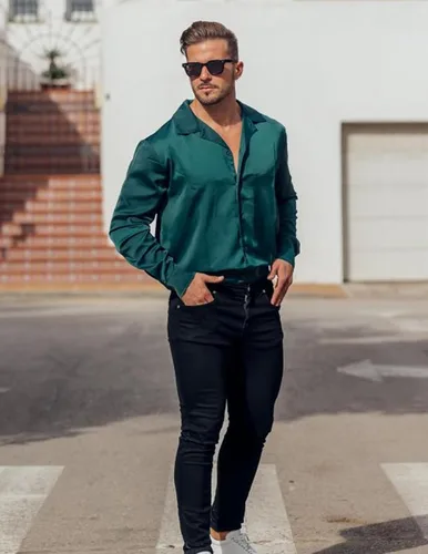 Vista 6 de COOFANDY Camisa de seda de lujo para hombre, camisa de vestir de satén de manga larga con botones brillantes, para baile de graduación, boda, fiesta