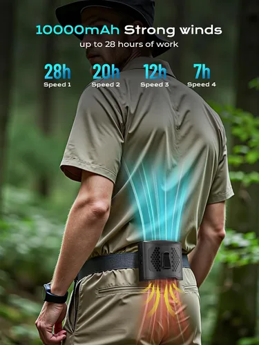 Vista 2 de Ventilador de cintura portátil con clip, 4 velocidades, 13000 rpm, fuerte flujo de aire con batería de 10000 mAh y carga móvil, ventilador de camisa