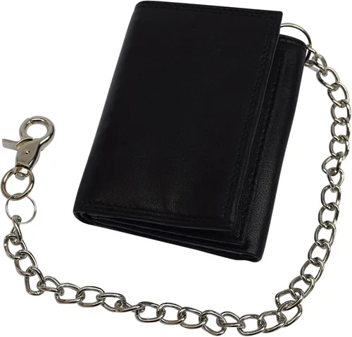 Vista 4 de Billetera triple con cadena de cuero de primera calidad con bloqueo RFID para hombre, Negro con cadena., Cartera de cadena