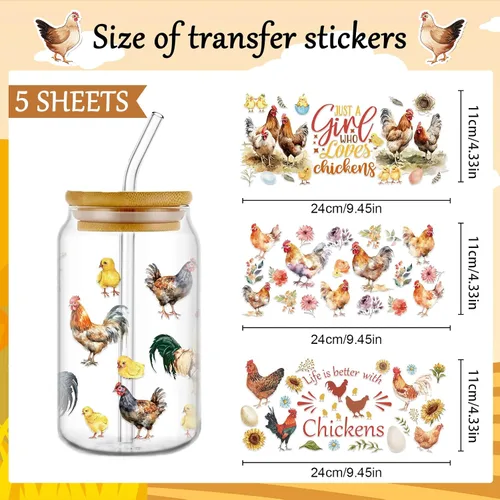 Vista 2 de Rngmsi Envoltura de taza UV DTF – 5 hojas de pollo UV DTF envolturas de tazas para 16 oz de animales de granja Uvdtf calcomanías personalizadas