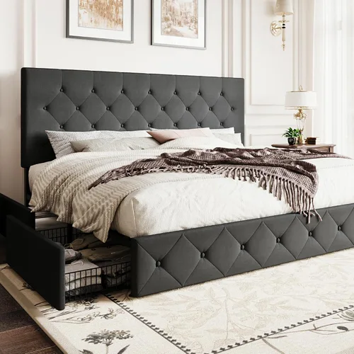 Vista 25 de SHA CERLIN Base de cama de plataforma tamaño matrimonial tapizada con 4 cajones de almacenamiento, cabecero ajustable con diseño cosido en cuadrados