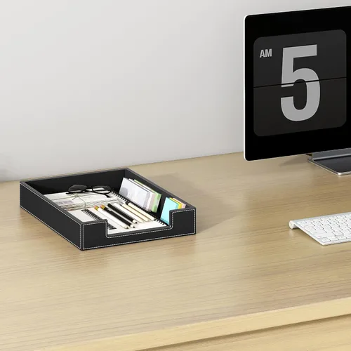 Vista 4 de Bandeja de cuero para cartas, elegante organizador de escritorio para suministros de oficina, correo, papel, archivo, revista, ahorro de espacio