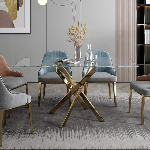 Vista 2 de Mesa de comedor moderna de vidrio de 51 pulgadas, mesa de cocina rectangular con mesa de vidrio templado de 0.39 pulgadas y patas de acero