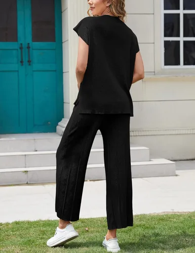 Vista 5 de Aedceal Conjunto de suéter de 2 piezas para mujer, conjunto de descanso de punto, chaleco y pantalones de cintura alta