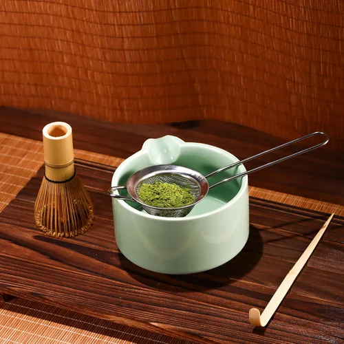 Vista 4 de Juego de batidor de matcha, batidor de matcha de bambú (Chasen), cuchara tradicional (chashaku), tamiz de acero inoxidable,Herramientas de té