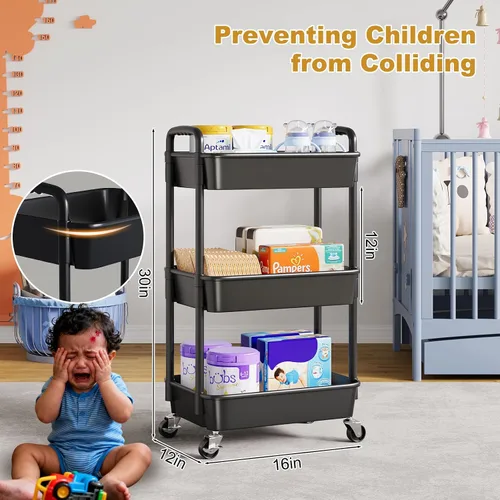 Vista 2 de Carrito rodante de 3 niveles con ruedas, carrito organizador de estantes de plástico negro de tres niveles con ruedas con cerradura, pequeño carrito