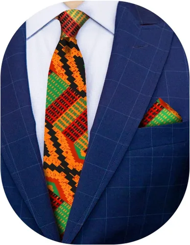 Vista 34 de Juego de corbata Kente con estampado africano y animal y pañuelo de bolsillo a juego