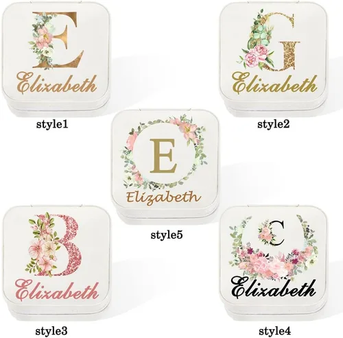 Vista 2 de Joyero personalizado con inicial y nombre de flores para mujeres y niñas, organizador de joyas, estuche de almacenamiento, caja organizadora