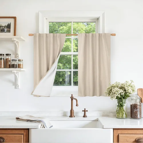 Vista 68 de LAMIT Cortinas opacas cortas de lino de 30 pulgadas para ventanas de cocina sobre el fregadero, cortinas de café texturizadas de lino marfil