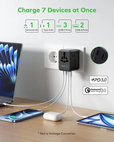 Vista 3 de MOMAX 70W Adaptador de viaje universal 7 en 1 GaN Adaptador de corriente internacional Negro