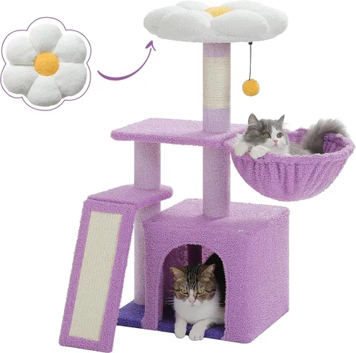 Vista 2 de PETEPELA Árbol de flores para gatos de interior, torre pequeña para gatos de 31.5 pulgadas, condominio con rampa rascador de sisal + poste rascador