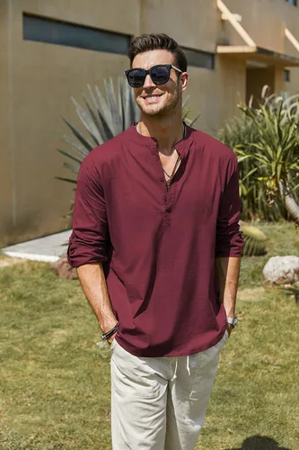Vista 3 de COOFANDY - Camisa de lino y algodón con cuello Henley, de manga larga, estilo hippie, informal, camisetas de playa