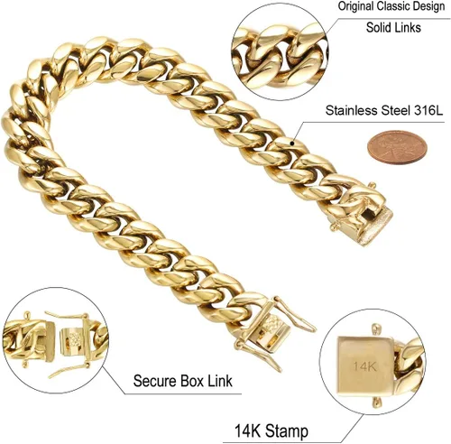 Vista 2 de Gargantillabrazalete con cadena de eslabones cubanos pesados para hombre, de acero inoxidable grueso chapado en oro de 14 quilates, disponible