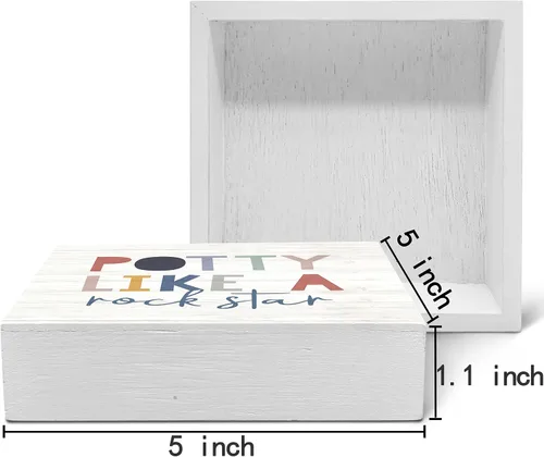 Vista 2 de SRADMO Letrero de madera con texto en inglés "Potty Like a Rock Star, decoración de escritorio, divertida caja de bloques de madera para baño