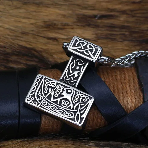 Vista 3 de Collar vikingo nórdico para hombres Thor Hammer Mjolnir Ship viking amuleto acero inoxidable colgante joyería con bolsa de regalo valknut, Acero