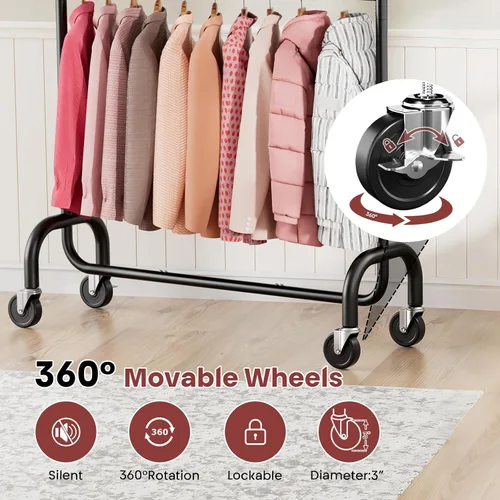 Vista 4 de Perchero resistente para dormitorio, perchero con ruedas de altura ajustable de 6 niveles, ruedas con bloqueo, perchero portátil para sala de estar