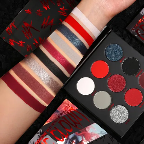 Vista 8 de Paleta de sombras de ojos roja y negra, maquillaje gótico rojo de Halloween Paleta de sombras de ojos negra con brillo plateado y purpurina, crema