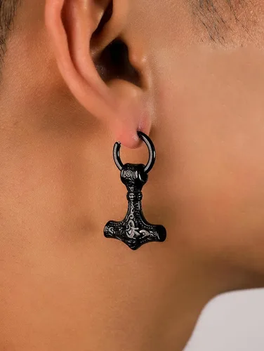 Vista 6 de HAQUIL Viking Jewelry - Amuleto vikingo con diseño de hacha de lobo y runa Mjolnir, aretes colgantes para hombres y mujeres