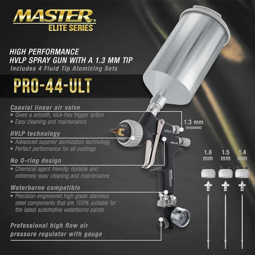 Vista 2 de Master Pro 44 Series - Pistola de pulverización HVLP de alto rendimiento con punta de 0.051 pulgadas con regulador de presión de aire, ideal
