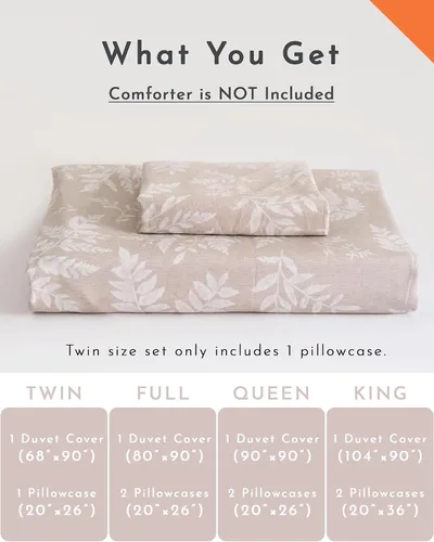 Vista 6 de ALEISSEL Juego de funda de edredón de 2 piezas de 100 % algodón natural, funda de edredón beige rubor con lujosos estampados de hojas blancas rotas