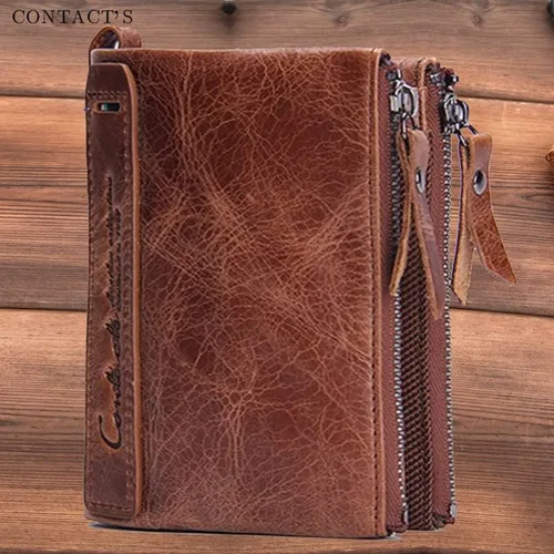 Vista 3 de Cartera corta de cuero para hombre monedero cartera de cuero con doble cremallera funda de identificación