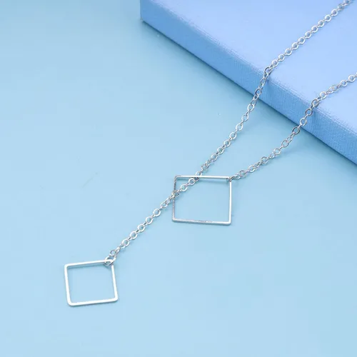Vista 5 de YienDoo Collar cuadrado bohemio en Y con cadena de gargantilla cuadrada de plata, collar de lariat minimalista hueco cuadrado con dije de collar