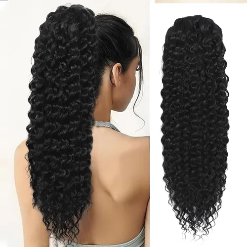 Vista 12 de Matriarchs Extensión de cola de caballo rizada de 24 pulgadas, cola de caballo con cordón para mujeres negras, sintética, larga, afro, rizada y 1b
