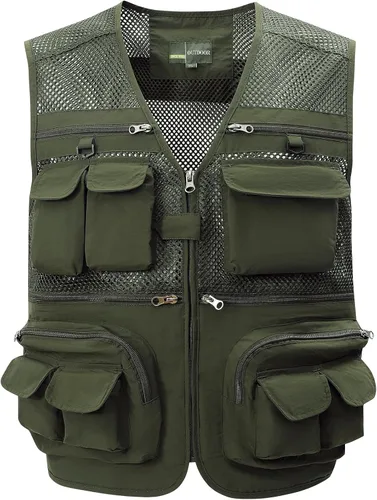 Vista 6 de Gihuo Chaleco de Pesca para Hombre Chaleco de Utilidad Safari Viaje con Bolsillos Trabajo al Aire Libre Foto Cargo Mosca Chaleco de Verano Verde