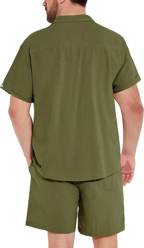 Vista 4 de THWEI Conjunto de 2 piezas para hombre, camisa de manga corta, casual, algodón, con botones, para verano, playa, vacaciones