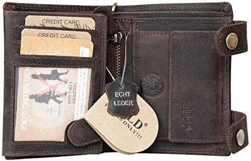 Vista 3 de FLW Cartera de cuero genuino RFID marrón con dos hebillas y cadena de metal, Marrón, Casual