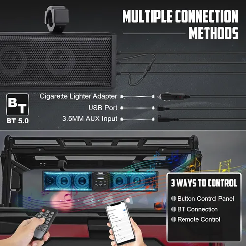 Vista 4 de Barra de sonido UTV de 26 pulgadas con 6 altavoces, barra de sonido ATV Bluetooth con iluminación RGB, sincronización de música, barra de sonido