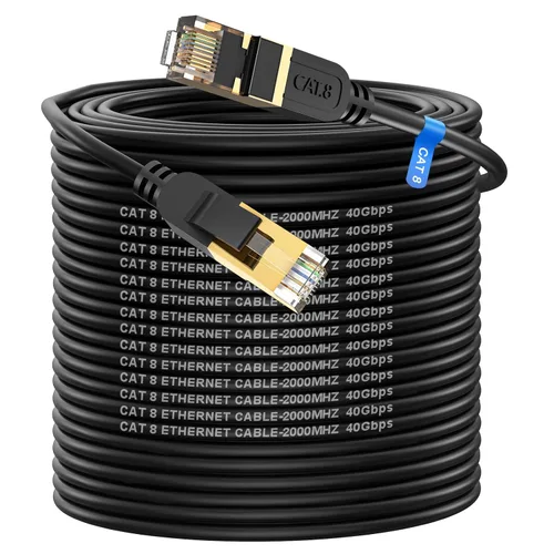 Vista 7 de Cable Ethernet Cat 8, cable de red LAN Cat8 resistente de alta velocidad de 6 pies, 26 AWG, 40 Gbps, 2000 Mhz con conector RJ45 chapado en oro
