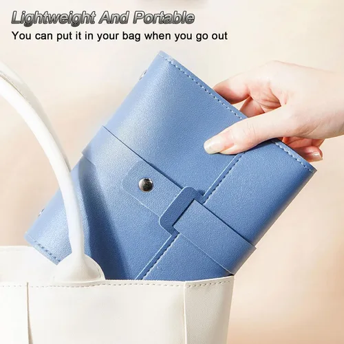 Vista 6 de Organizador de aretes con diseño de libro plegable, organizador de libros de aretes, estuche portátil de cuero sintético para aretes de viaje (azul)