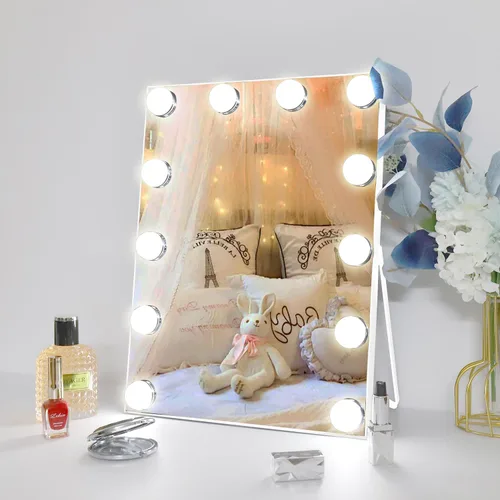 Vista 9 de Espejo de tocador de maquillaje con luces, 10 x grandes con 22 bombillas LED regulables, 3 modos de color, control táctil para dormitorio, mesa
