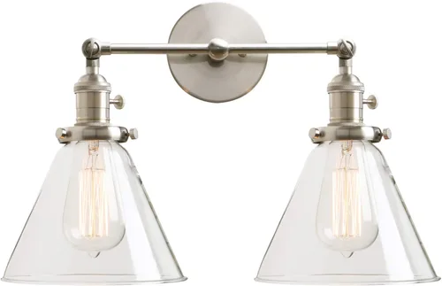 Vista 31 de PERMO Industrial Vintage Slope Pole Wall Mount Single Sconce with 6.7" Oval Dome Clear Glass Shade Antique Gold Wall Sconce Light Fixture
