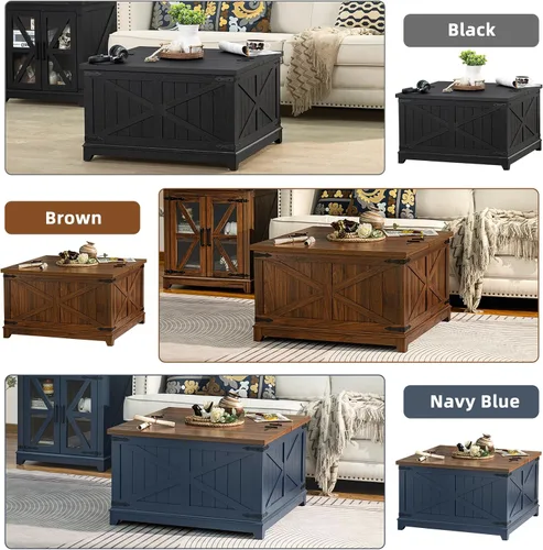 Vista 7 de Joaxswe - Mesa de café de granja con organizador de almacenamiento oculto, mesa central cuadrada grande en negro, mesas bajas de sala de estar