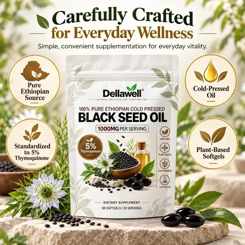 Vista 7 de Dellawell - Cápsulas blandas de aceite de semilla negra etíope, 1000 mg por porción, 5% timoquinona, suplemento de semillas negras prensadas