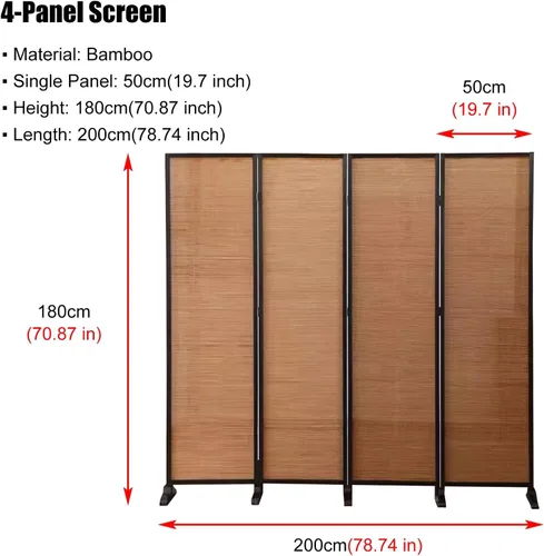 Vista 2 de Divisor de habitación de bambú de 4 paneles, pantalla de privacidad plegable de 6 pies de alto para espacios pequeños - Separador de pared alto