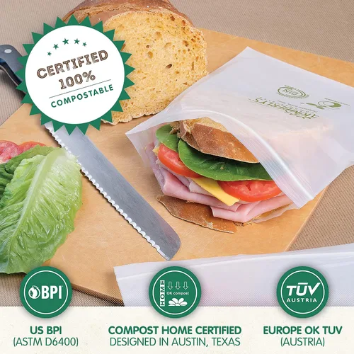 Vista 4 de KC's - Bolsas compostables para sándwiches y aperitivos – 50 unidades, 7 x 6.7 pulgadas, bolsas resellables extragruesas de 50 µm de almidón de maíz