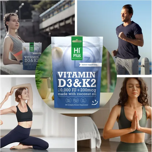 Vista 5 de Vitamina D3 10,000 UI + K2 200 mcg, 300 cápsulas blandas Aceite de coco Apoyo 2 en 1 para huesos, inmunes y cardíacos Fácil de tragar, sin OMG