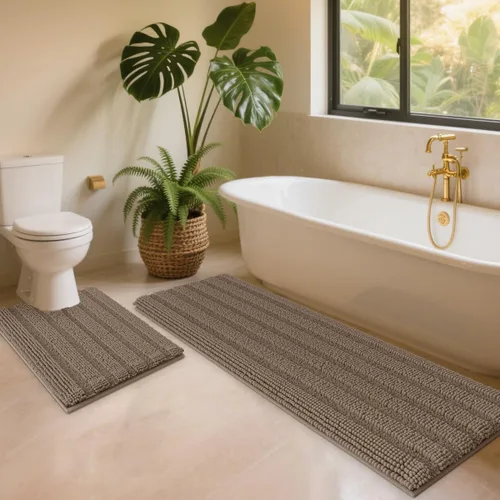 Vista 69 de ACCUMTEK - Juego de alfombras de baño a rayas beige de 3 piezas, ultrasuaves, antideslizantes de chenilla, alfombras de baño mullidas y absorbentes