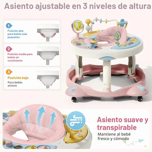 Vista 5 de Andador de bebé con ruedas, andador plegable para bebés de 6 a 12 meses, asiento giratorio de 3 posiciones con centro de actividad interactivo Rosa