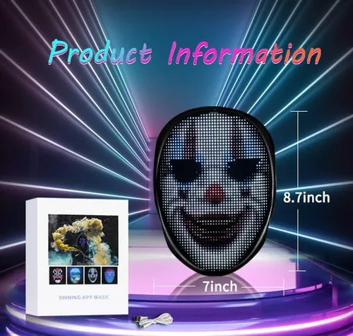 Vista 6 de AINSKO LED Mask Bluetooth-APP Programmable Control Glowing RGB Rechargable Light-Up Mask Halloween Costume Cosplay