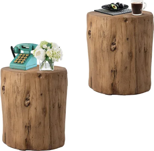Vista 15 de HOMPUS Mesa auxiliar de hormigón para exteriores, mesa decorativa redonda moderna de tocón de árbol, soporte para maceta, taburete de jardín