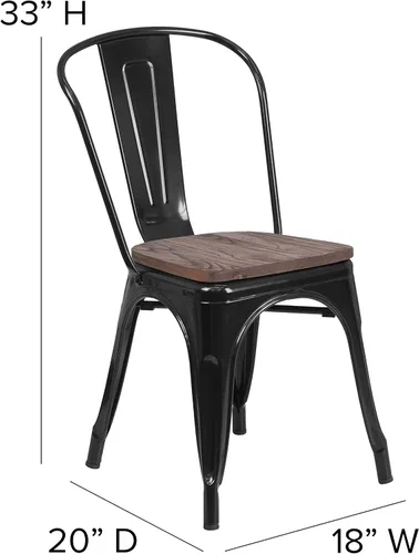 Vista 2 de EMMA + OLIVER Silla apilable de metal negro con asiento de madera