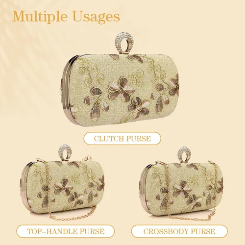 Vista 3 de Bolso de mano dorado para mujer bolso de noche pequeño con asa superior bordado floral bolsa cruzada para boda cóctel fiesta baile de graduación