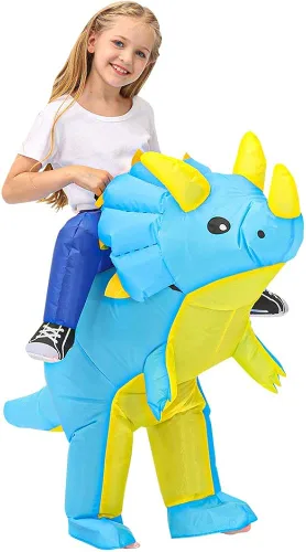 Vista 3 de Disfraz inflable azul Triceratops Ride Dinosaur Air Blow-up Deluxe Halloween Suit para adultos, niños y niños pequeños