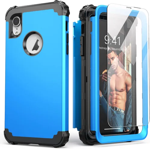 Vista 21 de IDweel Funda para iPhone XR, funda para iPhone XR con protector de pantalla de vidrio templado, 3 en 1, a prueba de golpes, delgada, híbrida, Negro