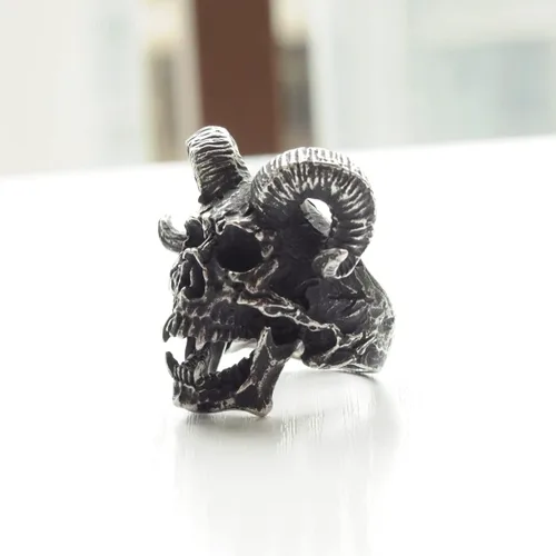 Vista 5 de ZMY Home Demon Head Skull Ring Big Horned Stainless Steel Biker Jewelry Ring Men