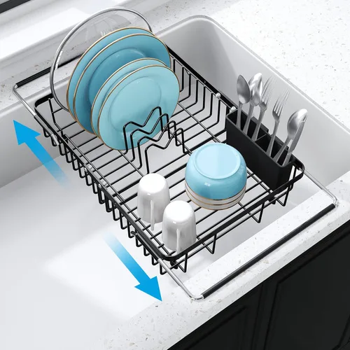 Vista 16 de Estante de secado de platos sobre el fregadero, expandible, pequeño, negro, escurridor para secar para la encimera de la cocina, metal de acero